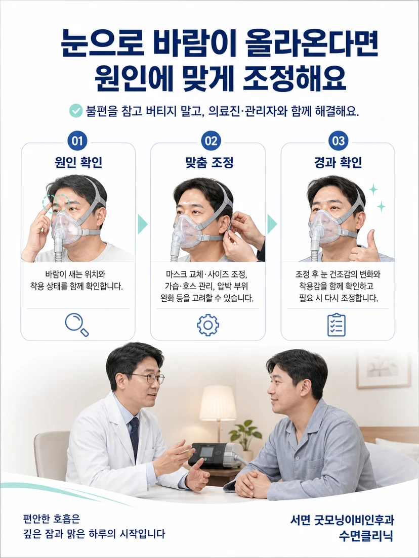 양압기 마스크 위치와 끈 균형을 점검하는 관리 과정
