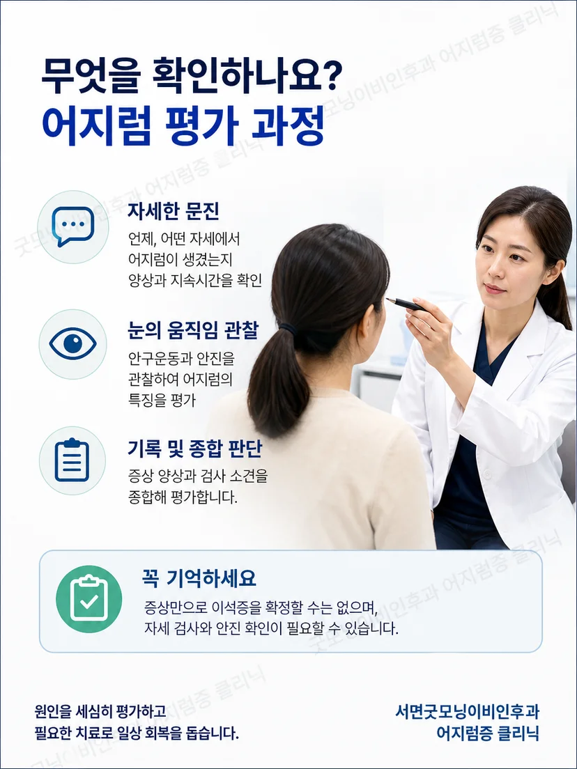 의료진이 자세 변화와 안진을 확인하는 이석증 평가 과정