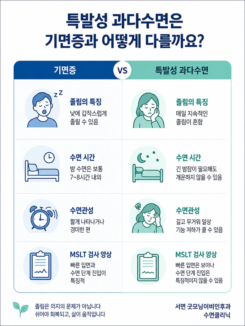 긴 수면과 수면관성의 특징을 구분해 보여주는 이미지