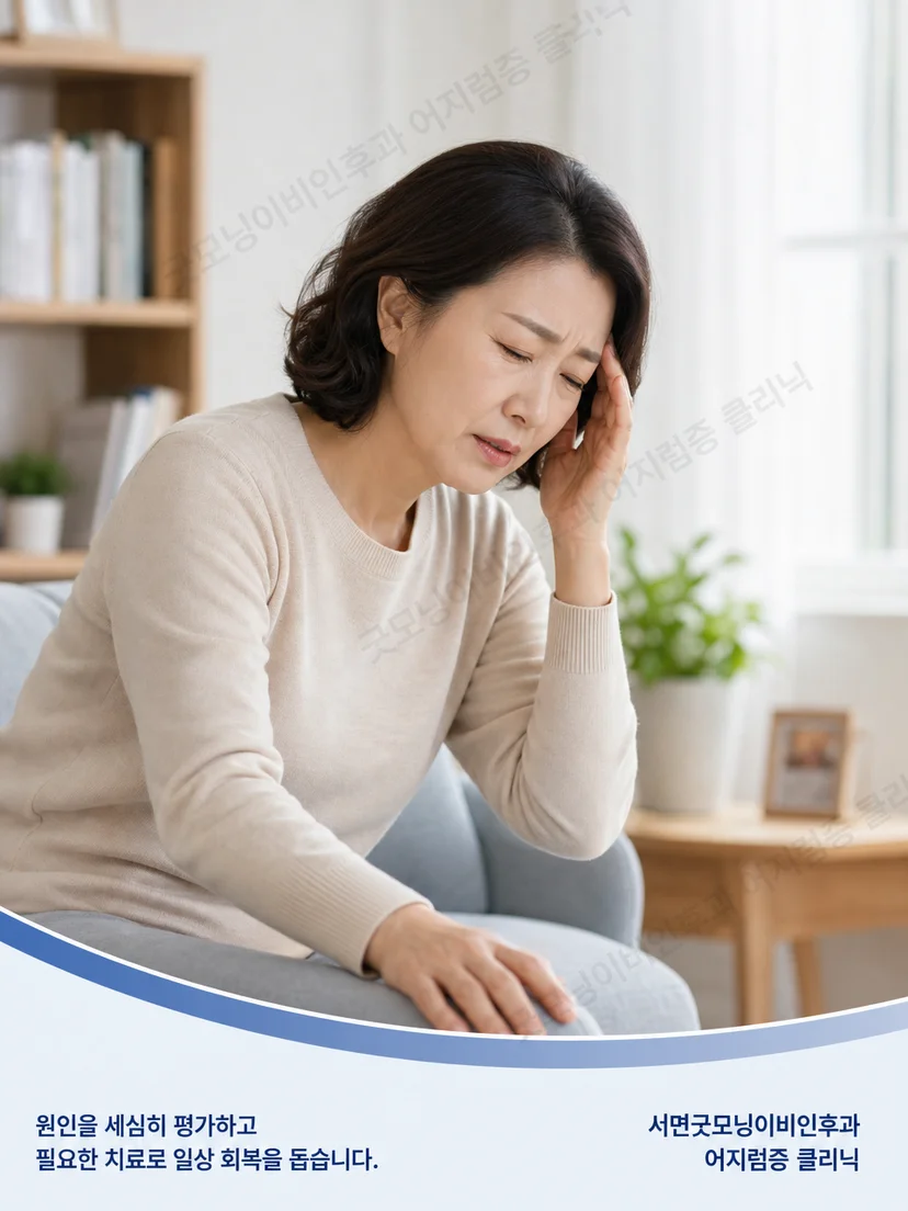 자세 변화 후 어지럼이 반복되는 환자 상황을 나타낸 그림