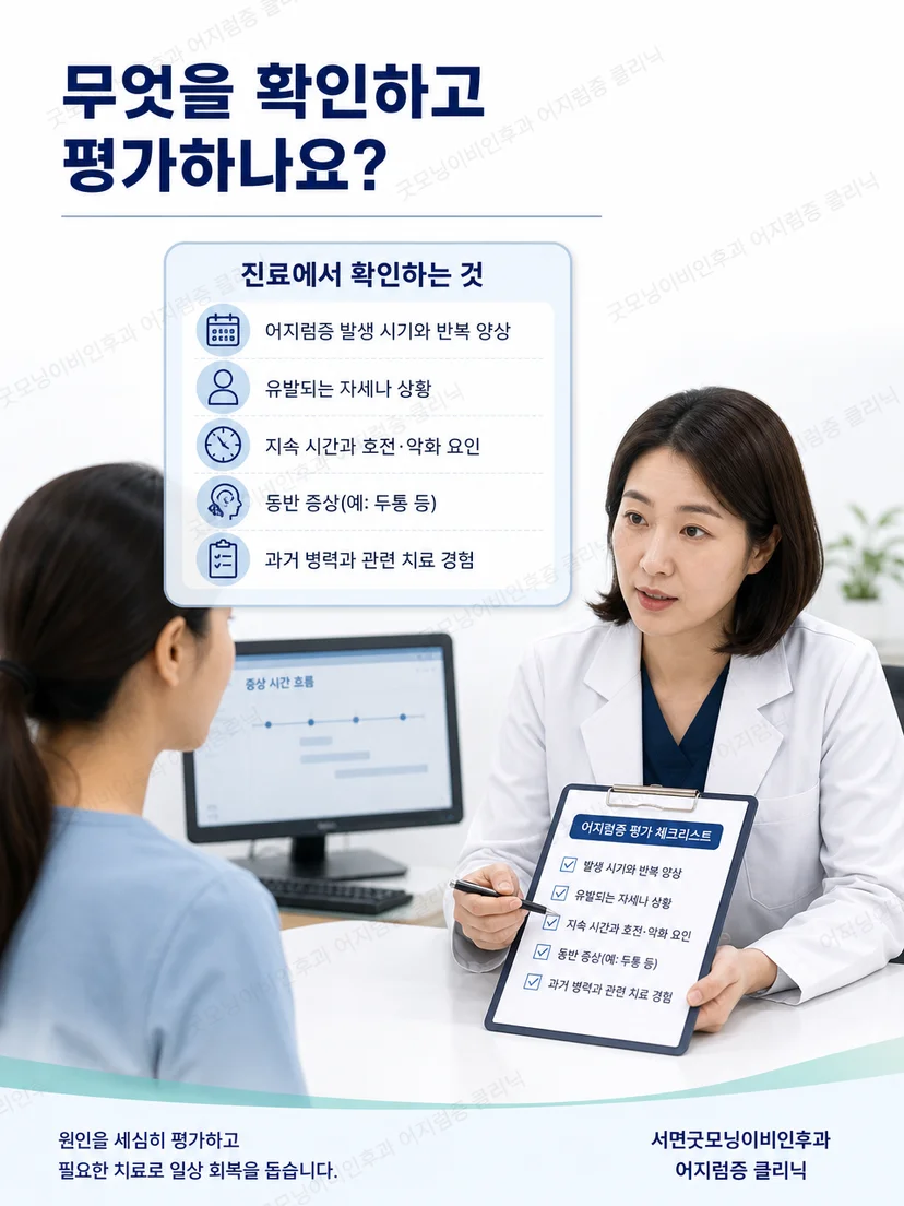 반복성 이석증에서 증상 문진과 자세 반응을 확인하는 평가 그림