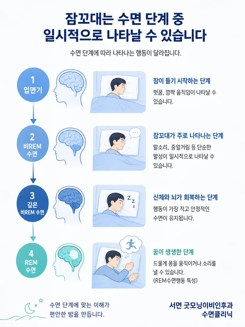 수면 단계별로 나타날 수 있는 말과 움직임의 차이를 설명하는 이미지