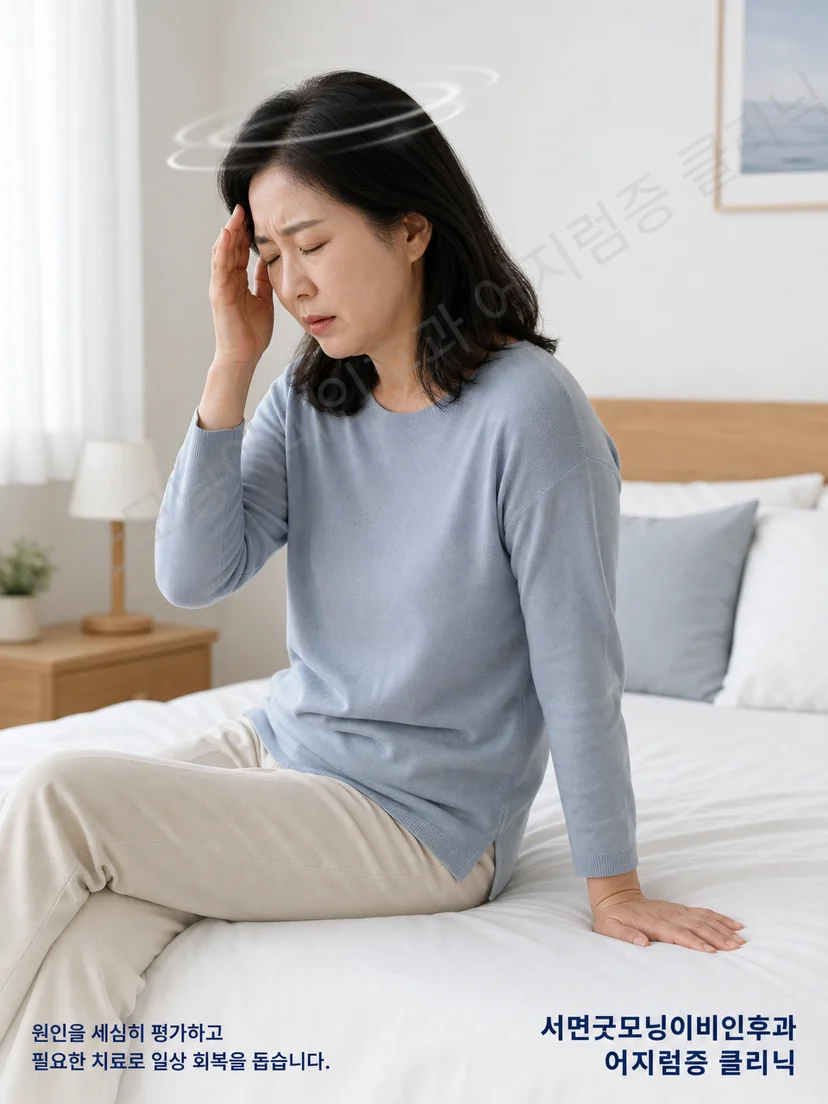 머리 위치 변화로 유발되는 이석증 증상 상황을 보여주는 그림