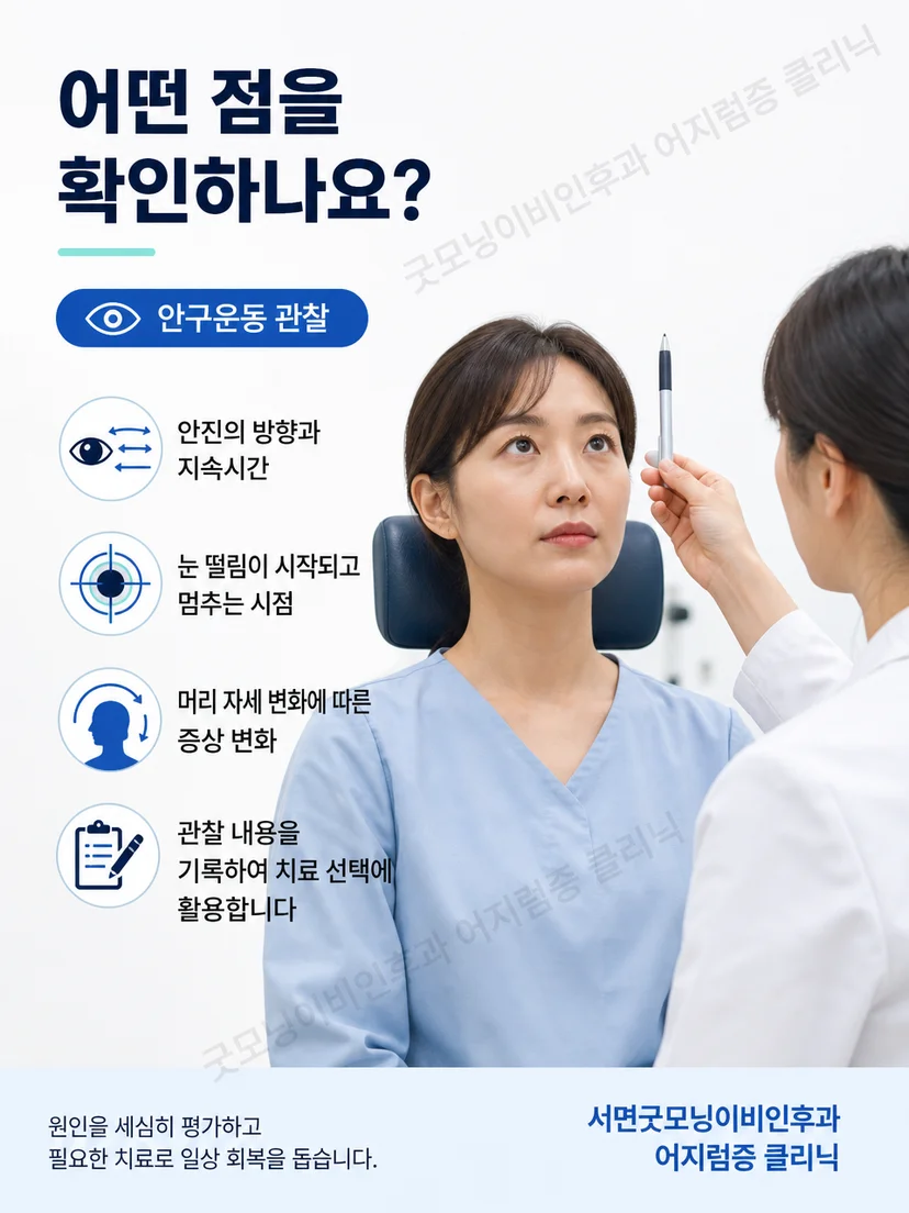 이석치환술 전 자세와 안진을 확인하는 평가 과정 그림