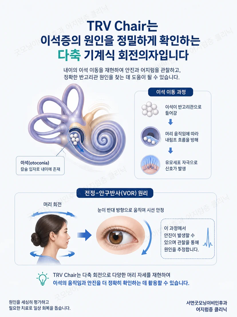 다축 회전으로 이석증 평가 자세를 재현하는 원리 도식