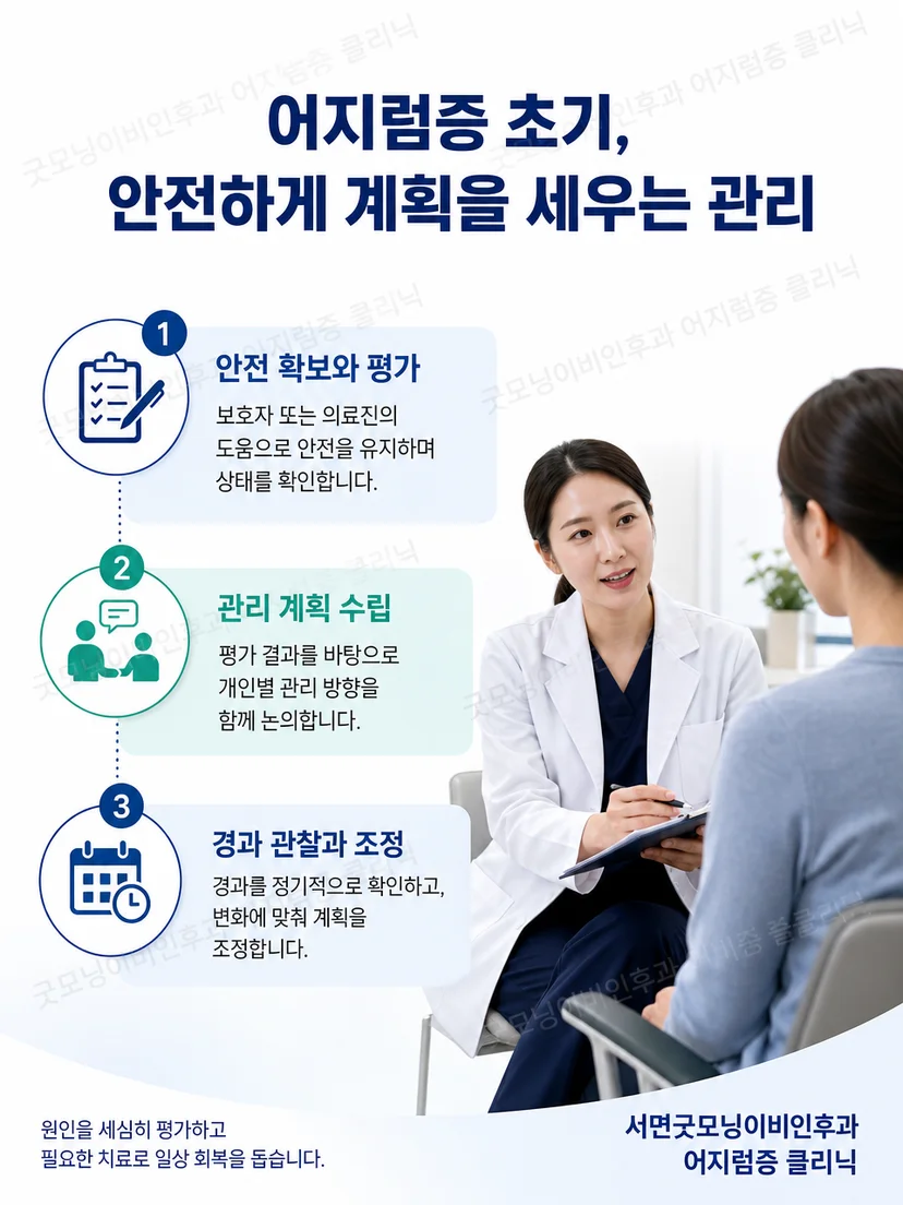 급성 어지럼 환자의 이동을 보호자가 안전하게 돕는 관리 장면