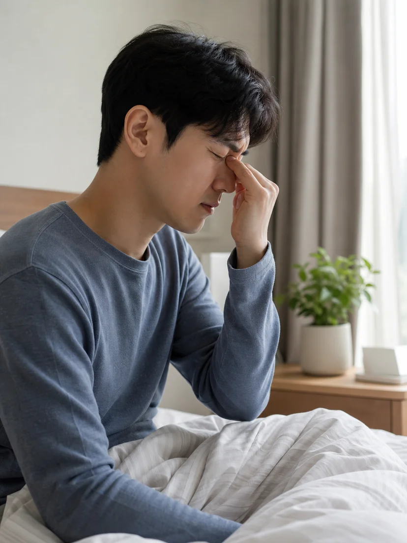 밤에 코막힘과 코골이를 경험하는 환자 상황을 보여주는 그림
