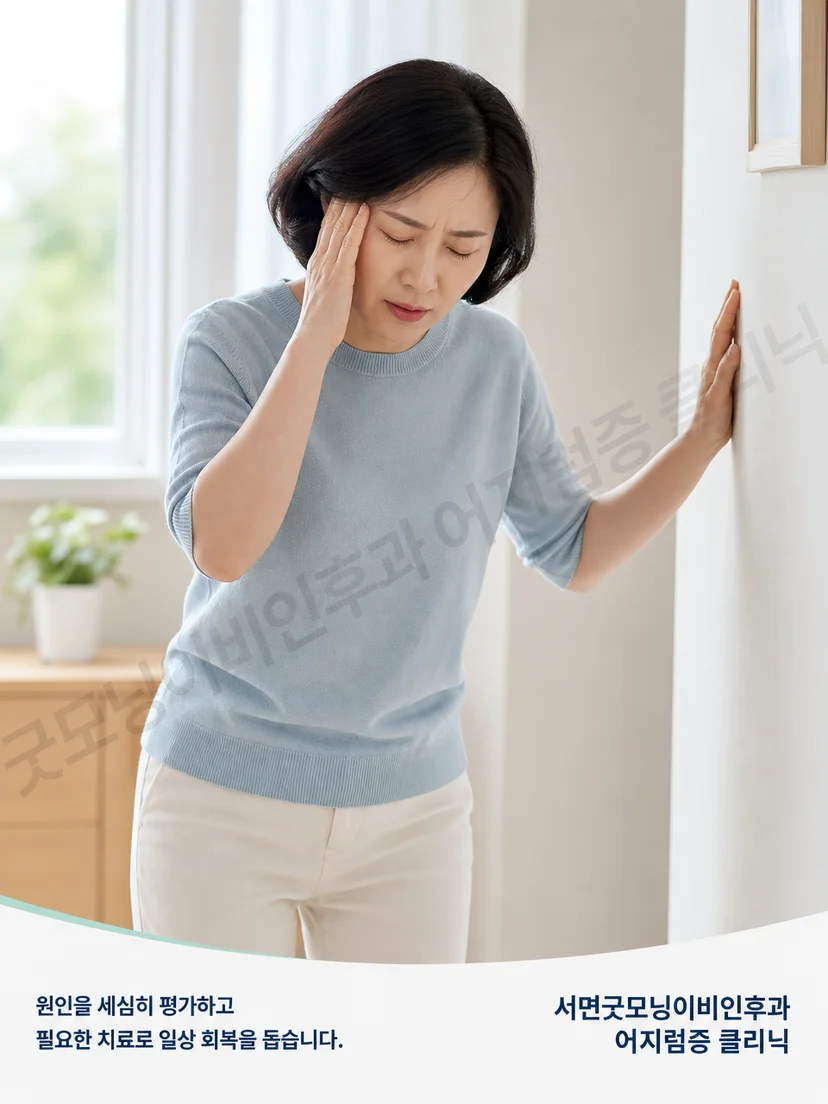 머리 움직임과 보행 중 어지럼 증상을 구분해 보여주는 환자 상황 그림