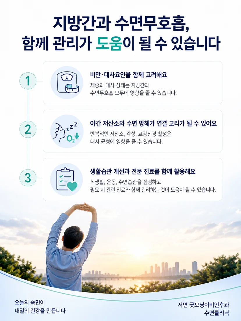 지방간과 수면무호흡 관리의 실천 요점을 정리한 이미지