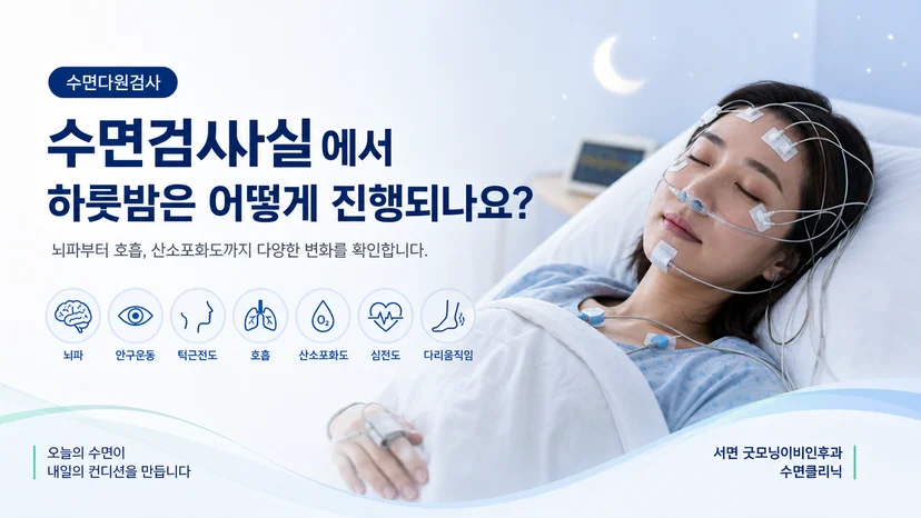 수면검사실 도착부터 기상까지 이어지는 하룻밤 검사 흐름