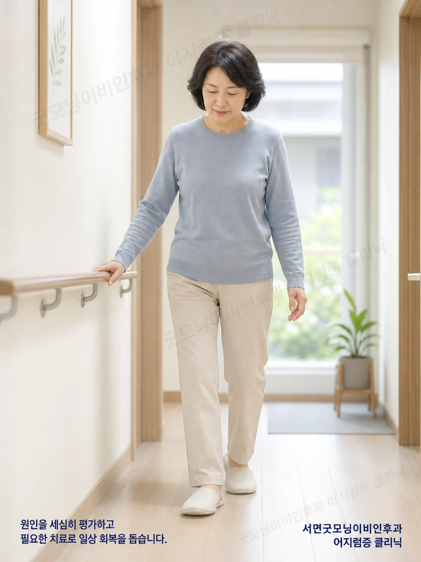치료 후 걷거나 움직일 때 잔여 어지럼을 느끼는 환자 상황