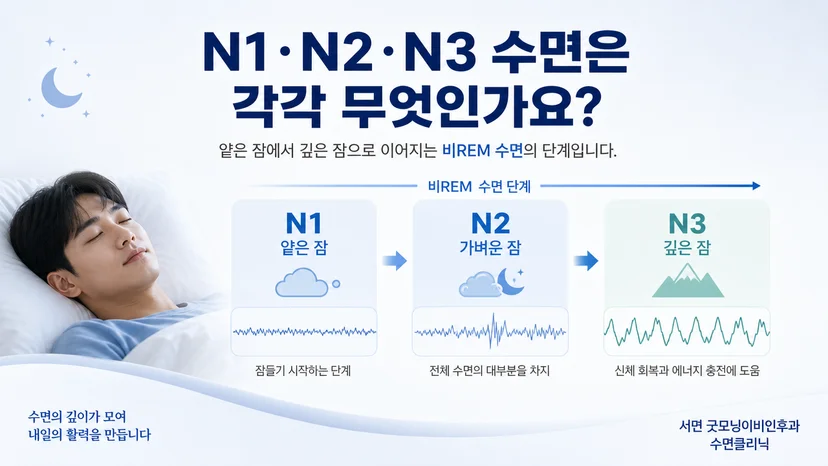 N1 N2 N3 비REM 수면단계의 흐름을 설명하는 대표 이미지