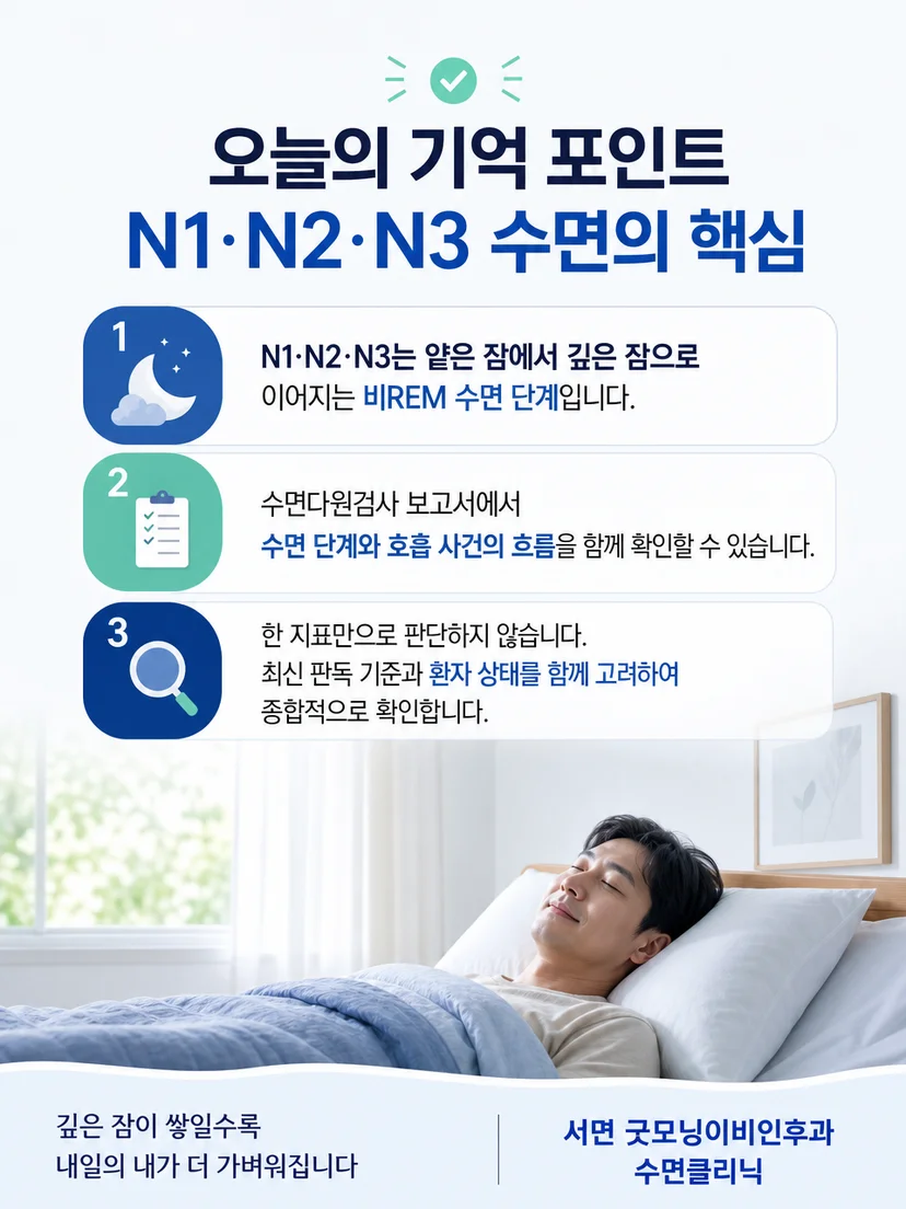 N1 N2 N3 결과를 전체 수면 흐름 속에서 이해하는 요약 이미지