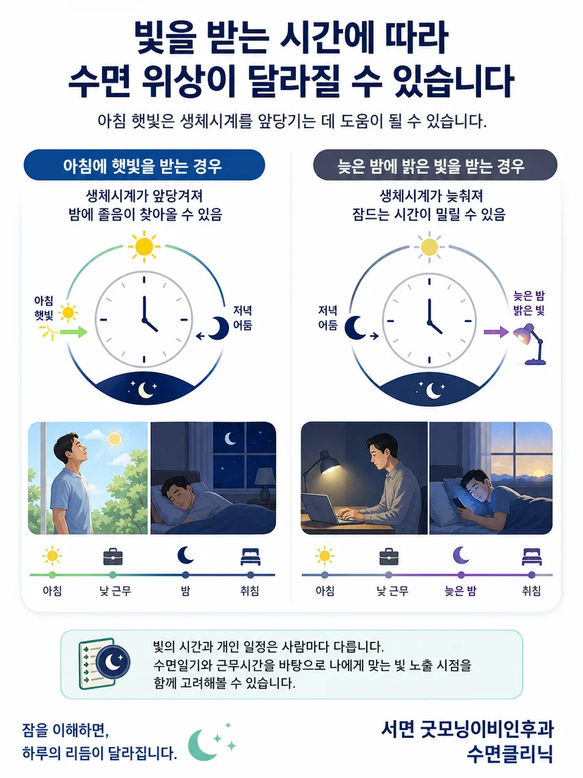 빛을 받는 시간에 따라 수면 위상이 달라지는 주의점