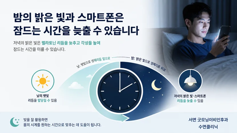 밤의 밝은 빛과 스마트폰이 생체시계에 미치는 영향을 설명하는 이미지