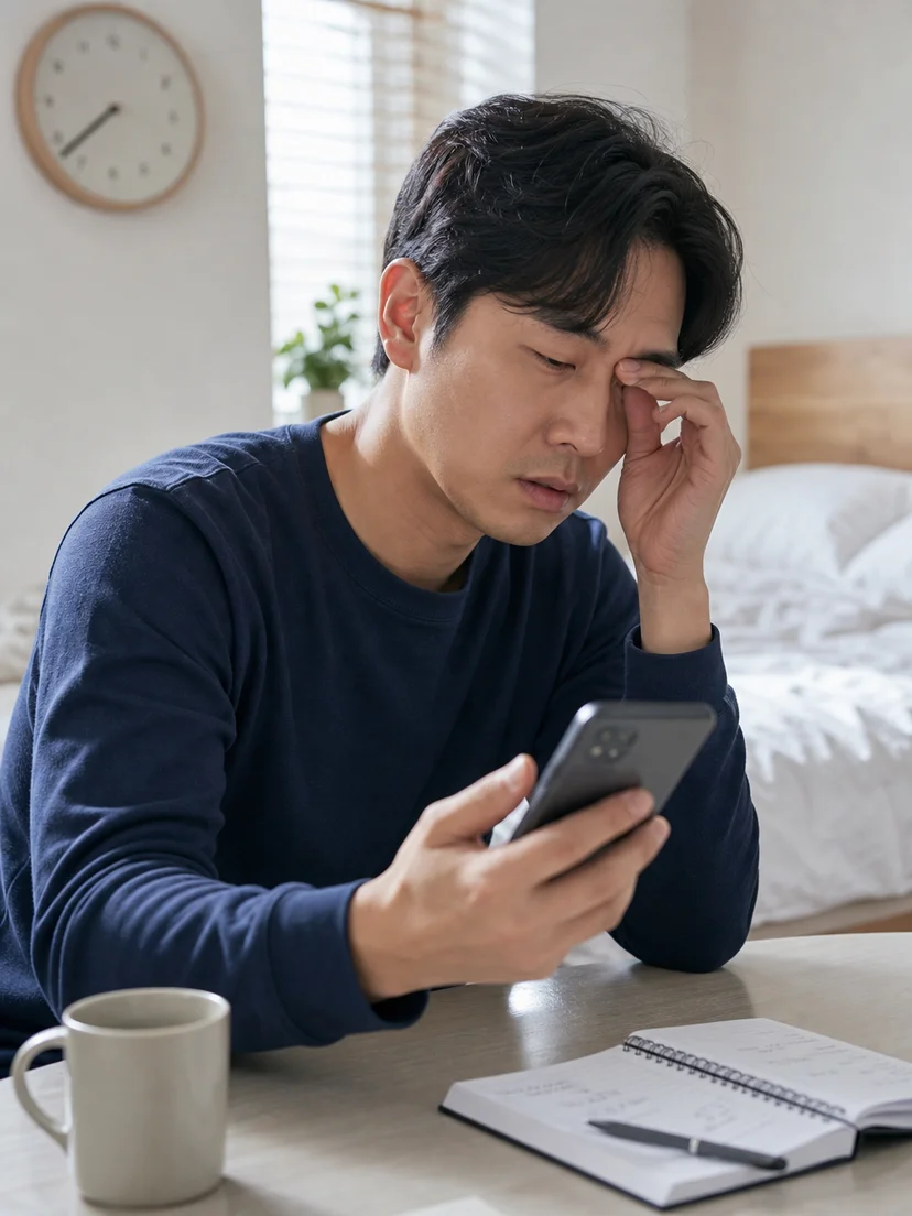 취침 전 스마트폰 사용과 늦어진 수면 시간을 보여주는 생활 상황 이미지