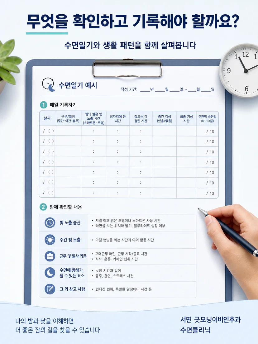 수면일기와 빛 노출 및 근무시간을 함께 확인하는 평가 과정 이미지