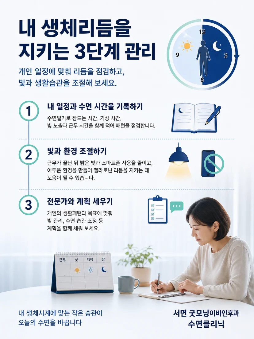 저녁 조명을 낮추고 아침 햇빛과 규칙적인 기상 시간을 활용하는 관리 이미지