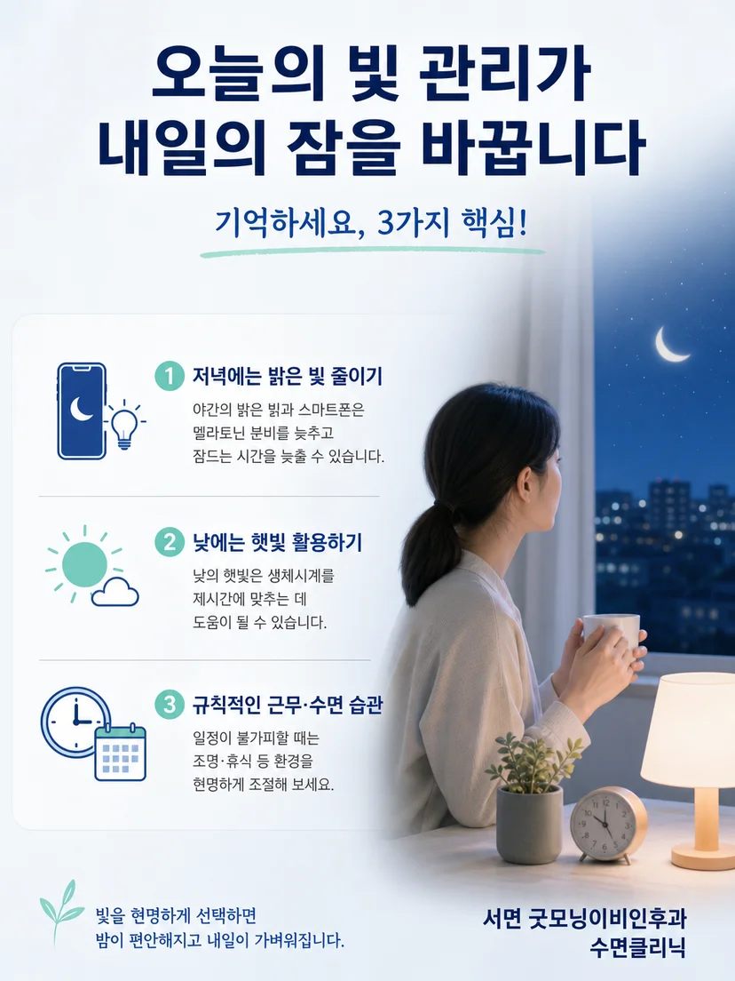 밤의 빛을 줄이고 수면일기로 생체리듬을 점검하는 실천 요약 이미지