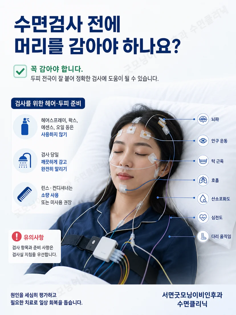 수면검사실에서 센서 부착 전 상태를 확인하는 과정