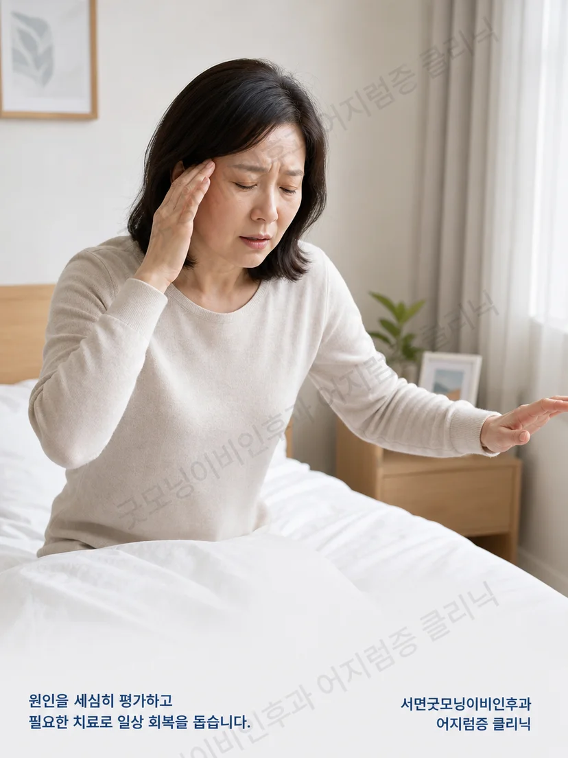 고개를 돌리거나 눕는 자세에서 어지럼을 느끼는 이석증 환자 상황