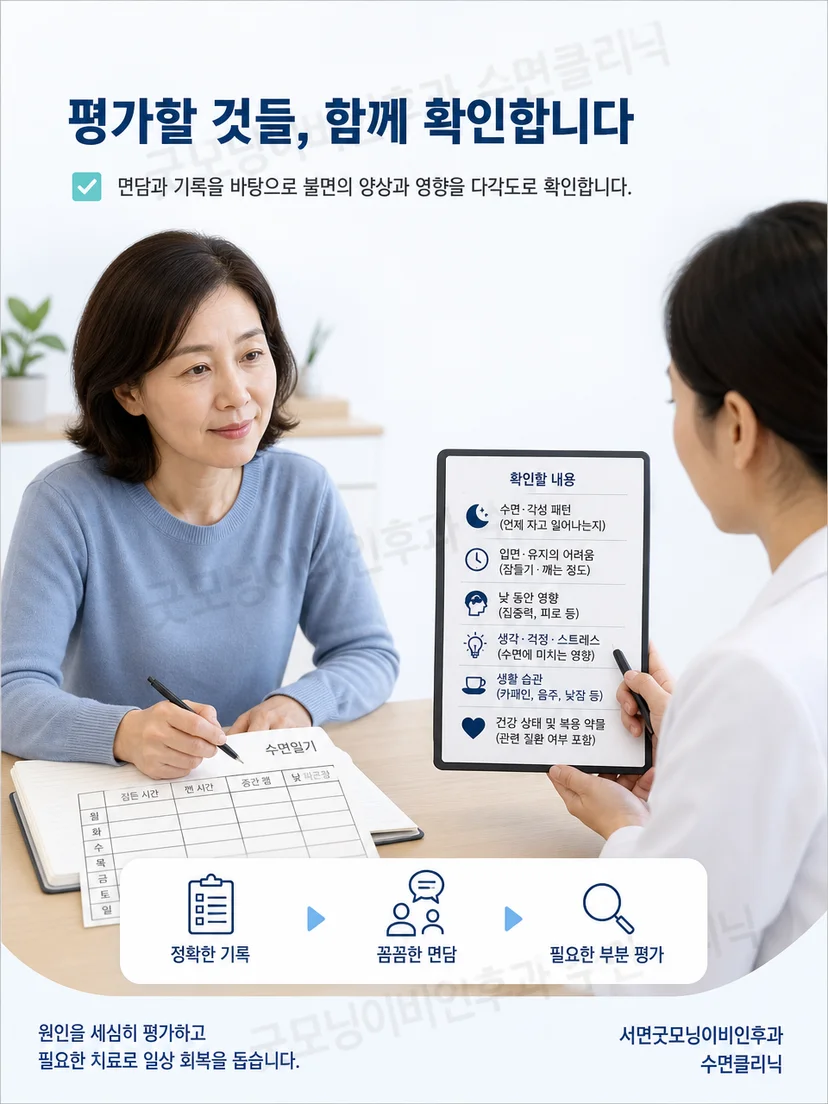 불면 진료에서 증상과 동반 수면질환을 평가하는 이미지