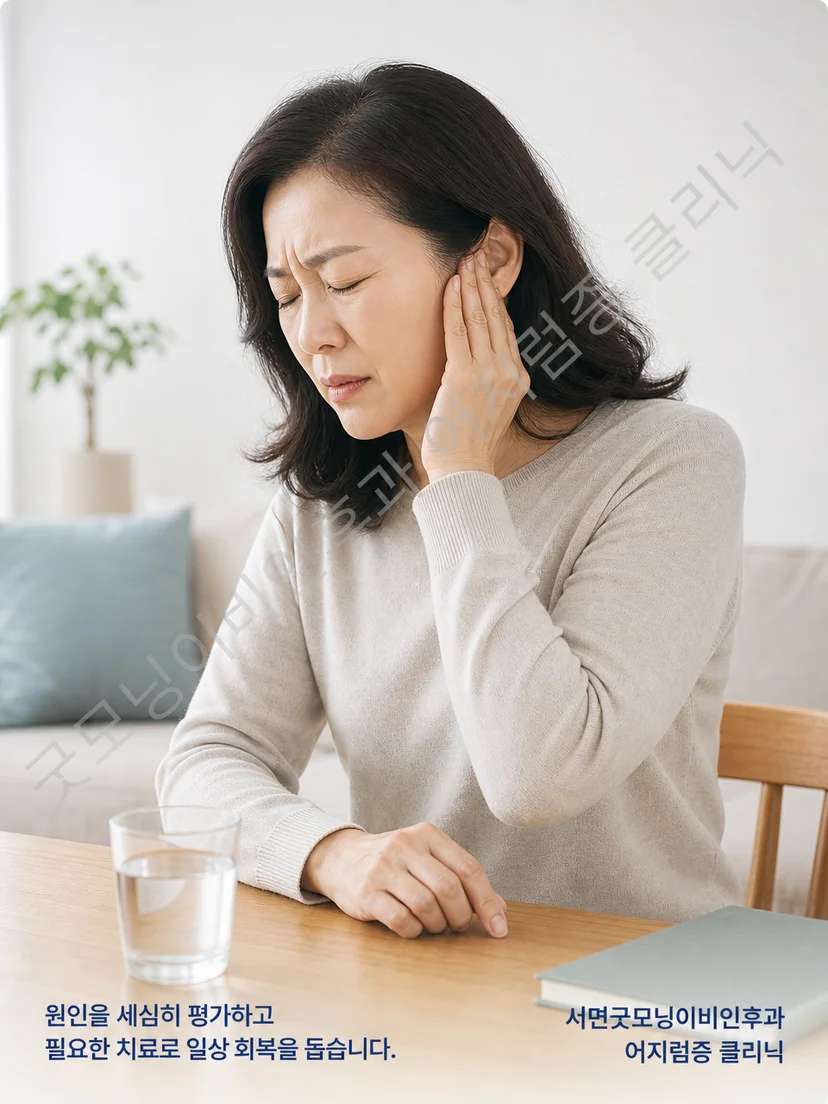 반복되는 어지럼과 귀 증상을 기록하는 메니에르병 환자 상황 이미지