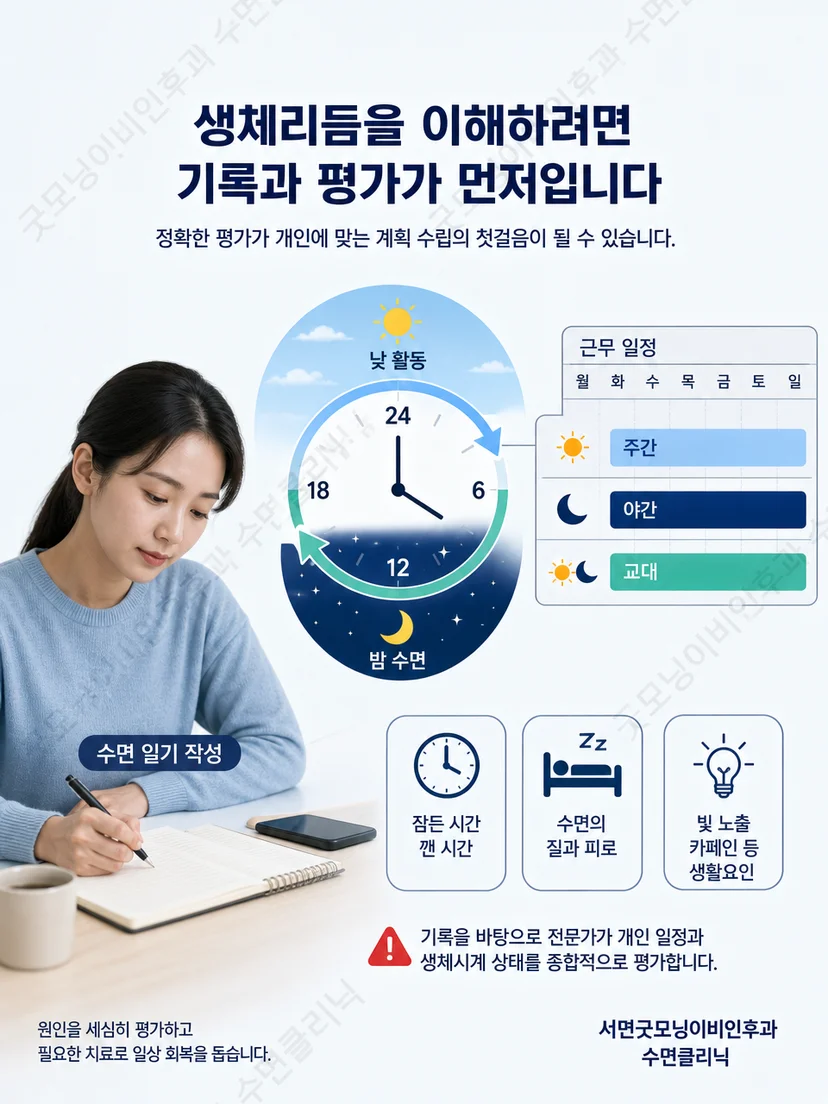 수면일기와 근무시간표를 함께 검토하는 장면