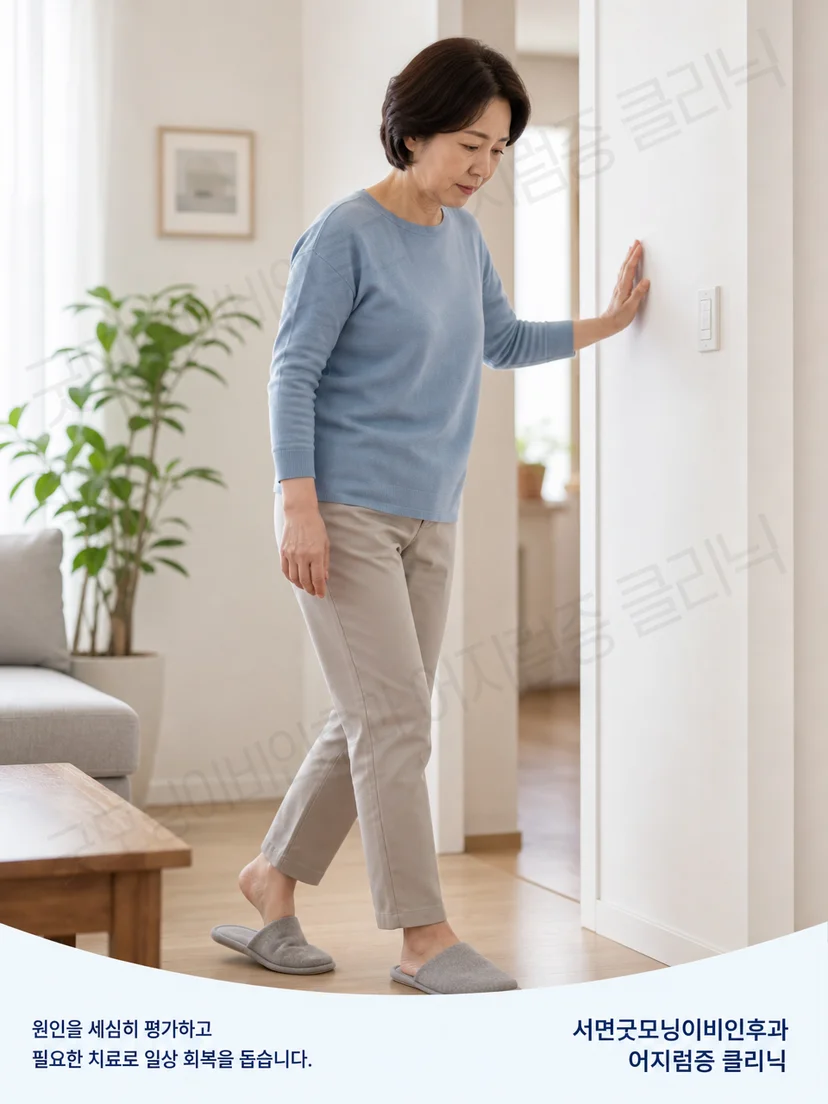 이석증 치료 후 천천히 걸으며 균형 상태를 확인하는 환자 상황 이미지