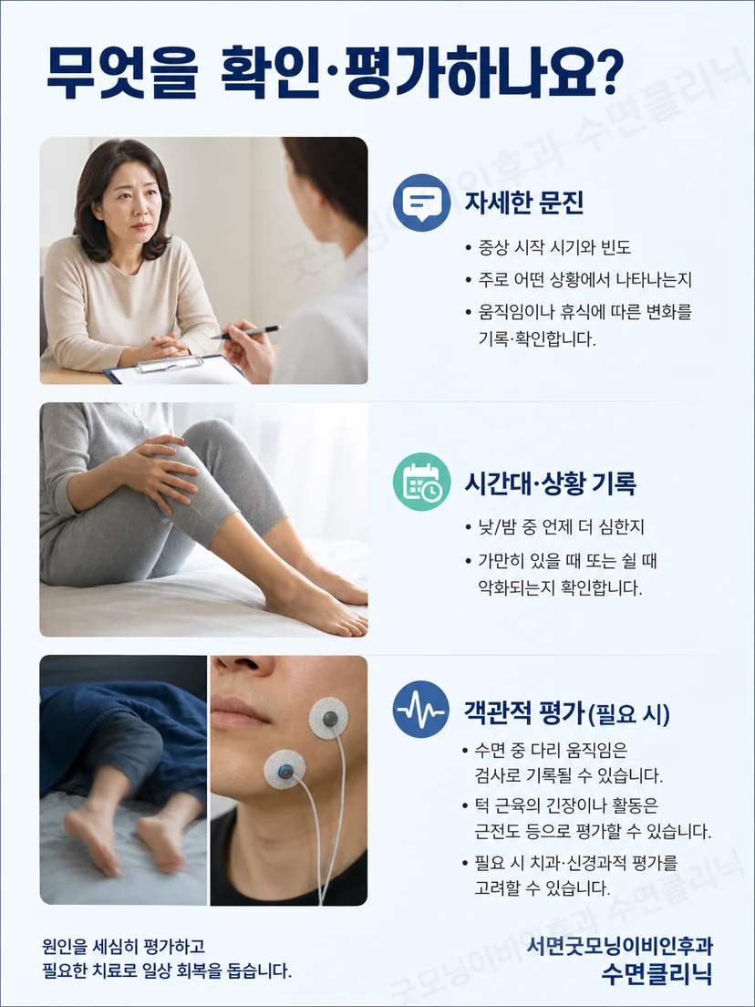 다리 근육의 움직임과 근전도 기록을 평가하는 이미지