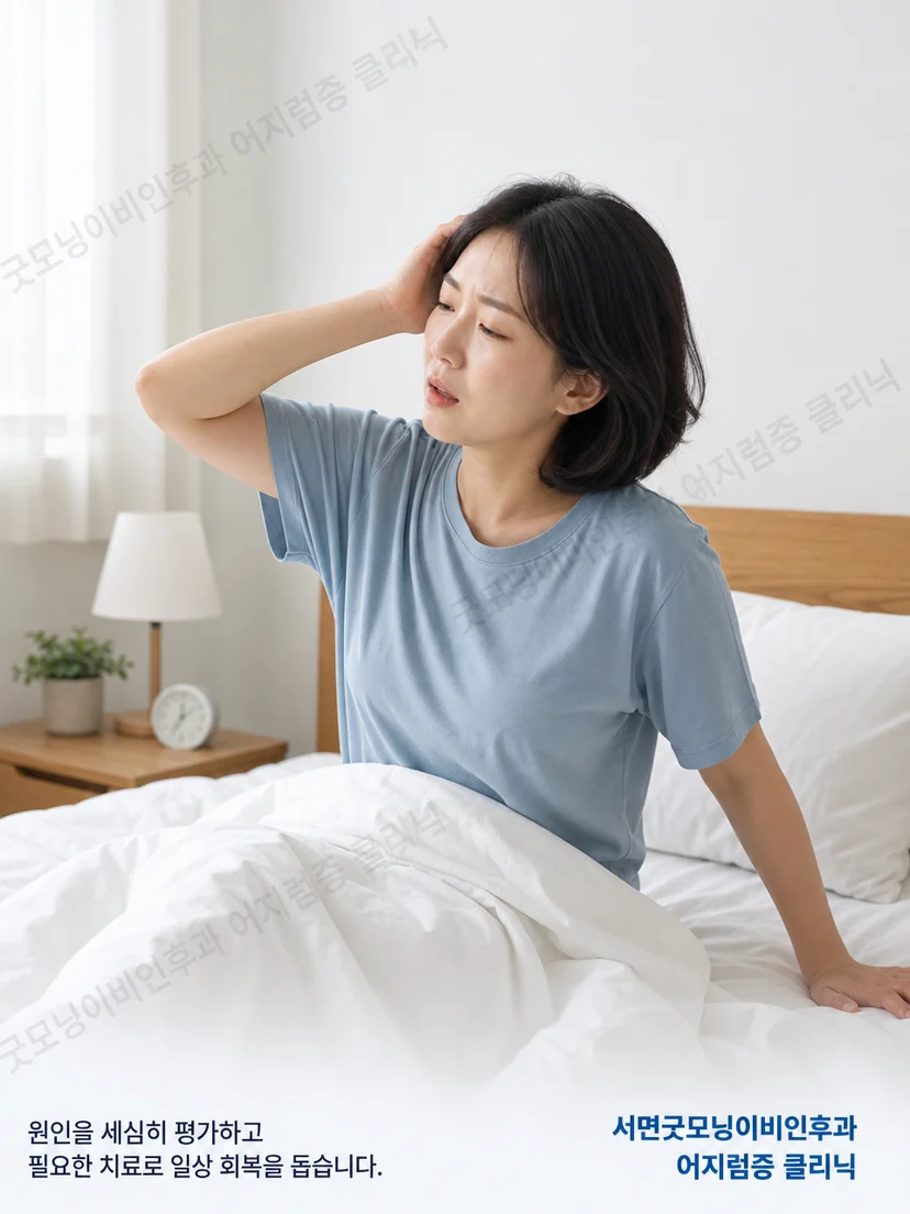 성인이 침대에서 머리 위치를 바꿀 때 회전성 어지럼을 느끼는 상황 이미지
