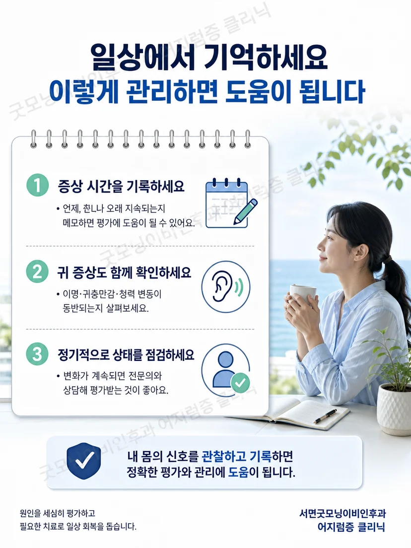 어지럼 지속시간과 귀 증상 기록의 실천 요약 이미지