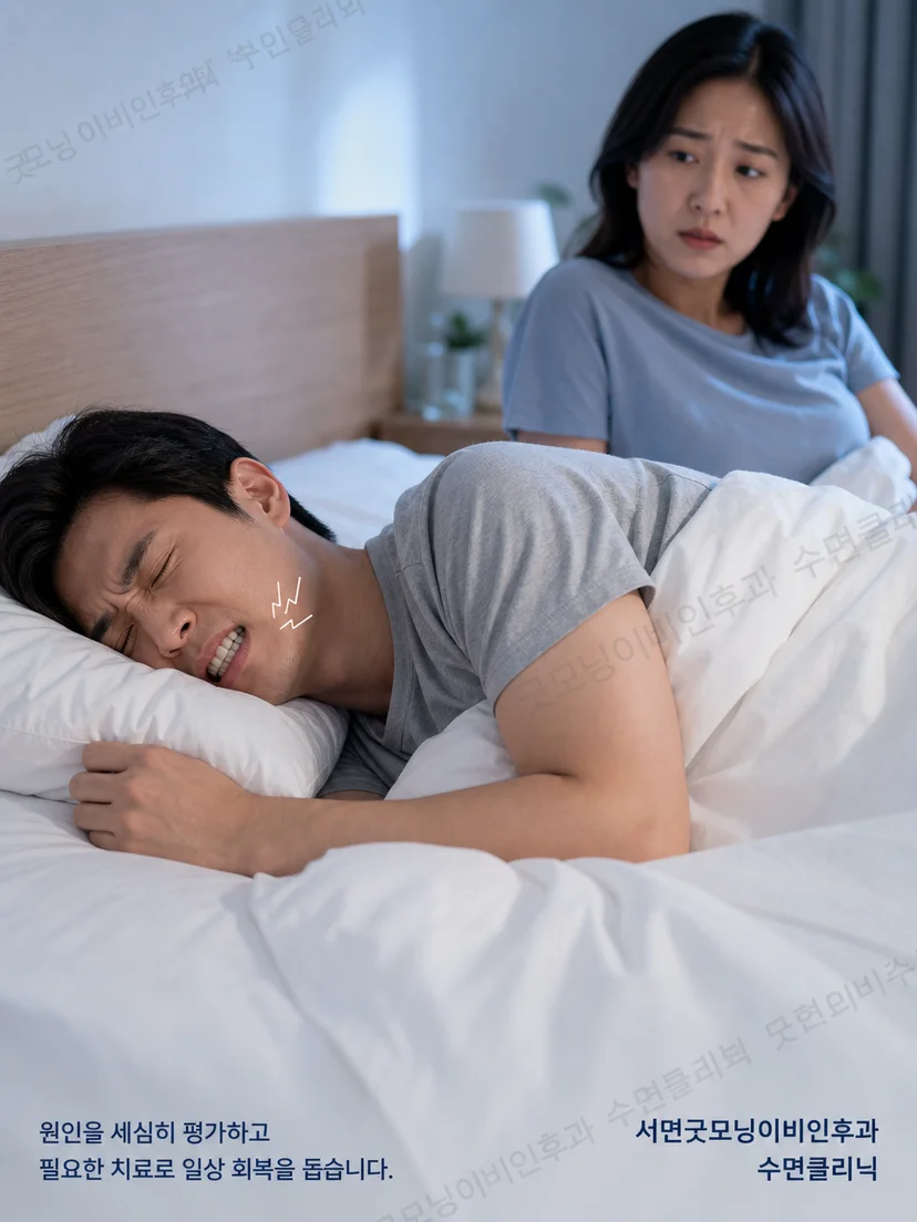잠자는 동안 이갈이와 호흡 증상을 관찰하는 환자 상황