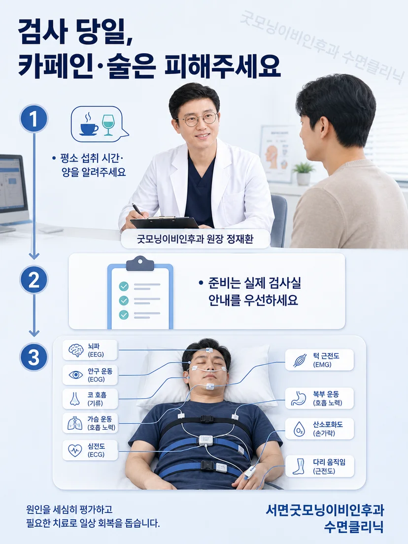 수면다원검사 센서와 측정 항목을 차분하게 확인하는 모습