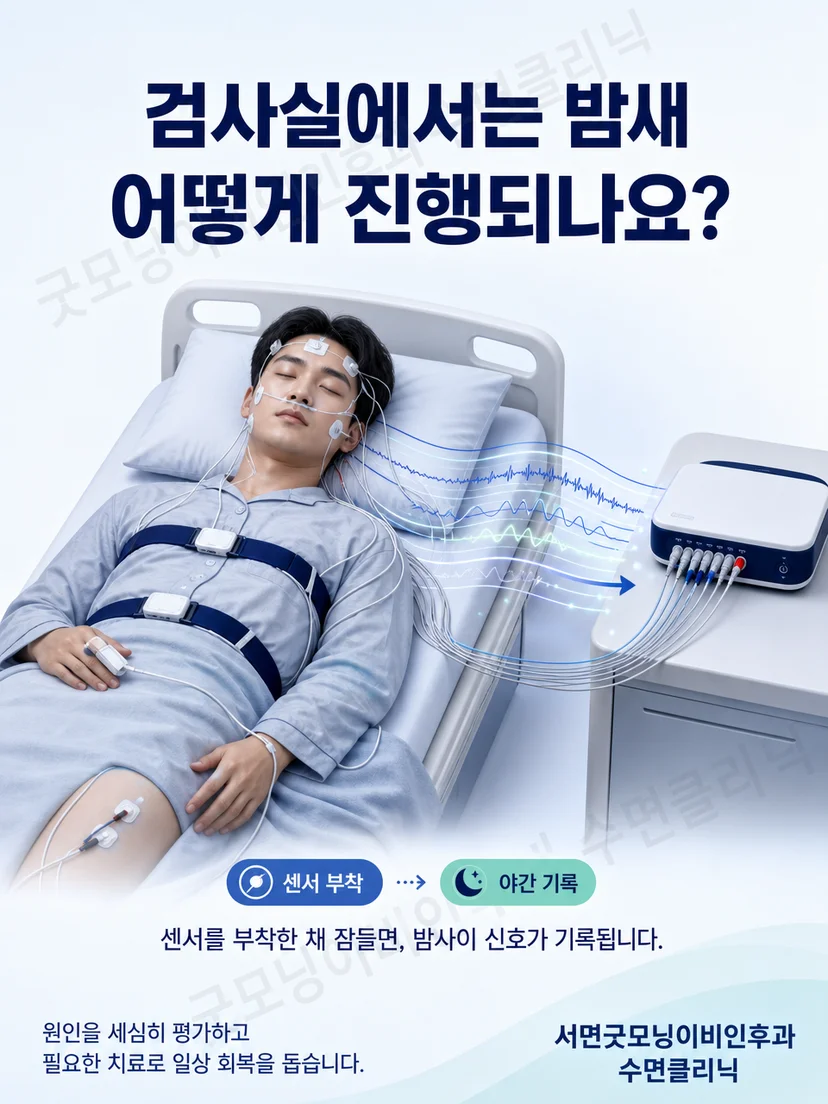 환자에게 부착된 수면 센서와 밤사이 기록되는 신호