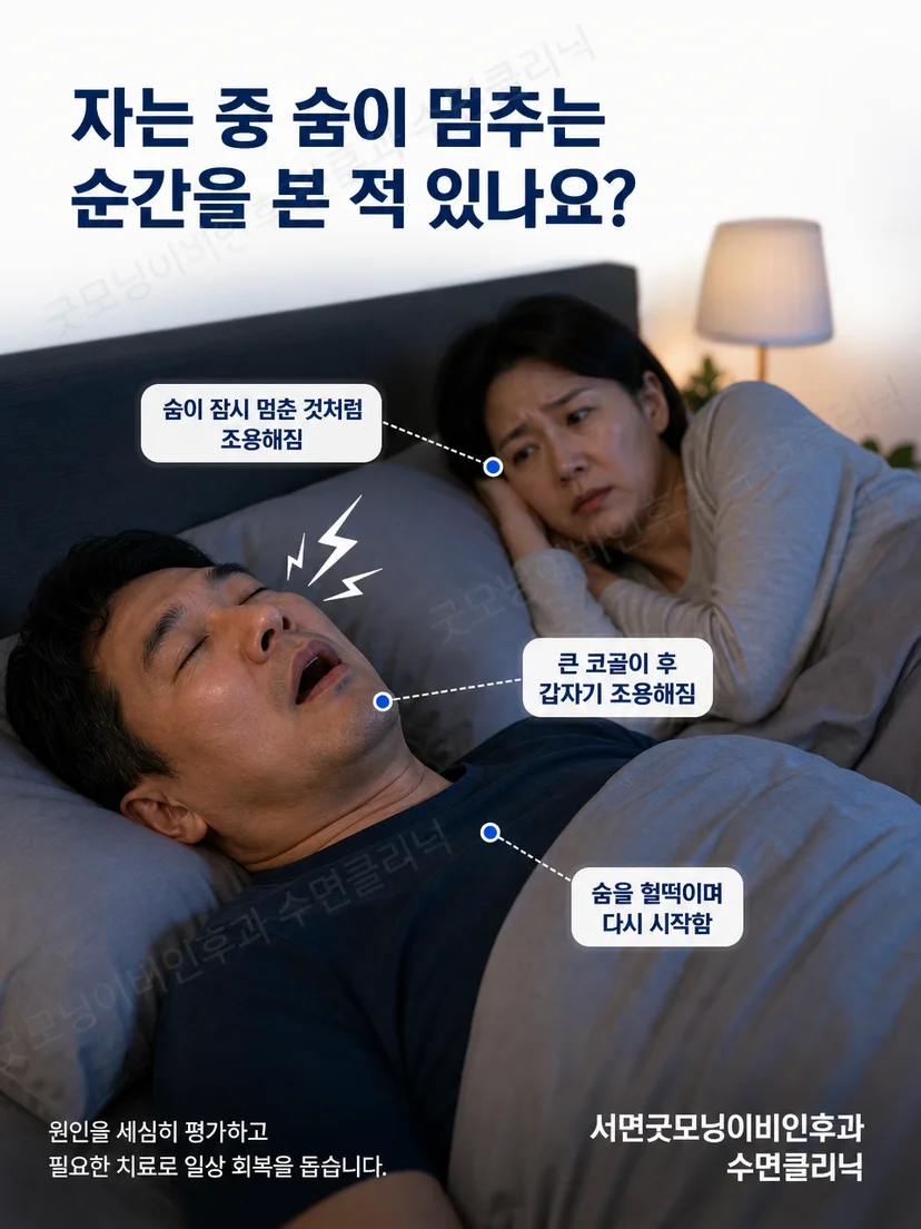 코골이 소리와 잠자는 동안 목격된 숨 멎음을 비교한 장면