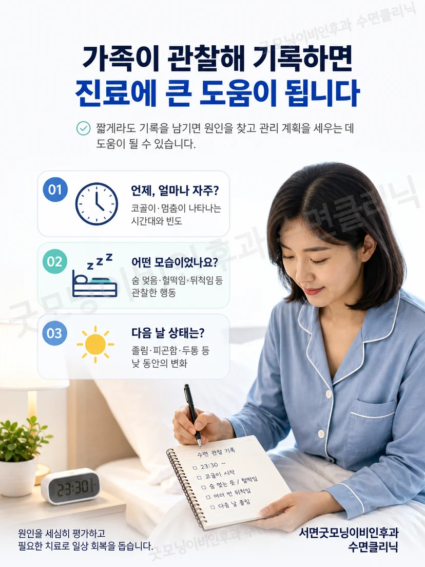 가족이 코골이와 호흡 변화를 관찰해 기록하는 방법을 보여주는 이미지