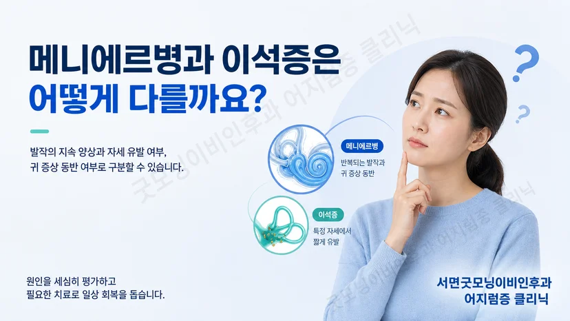 메니에르병과 이석증을 지속 시간과 자세 및 귀 증상으로 비교한 안내 이미지