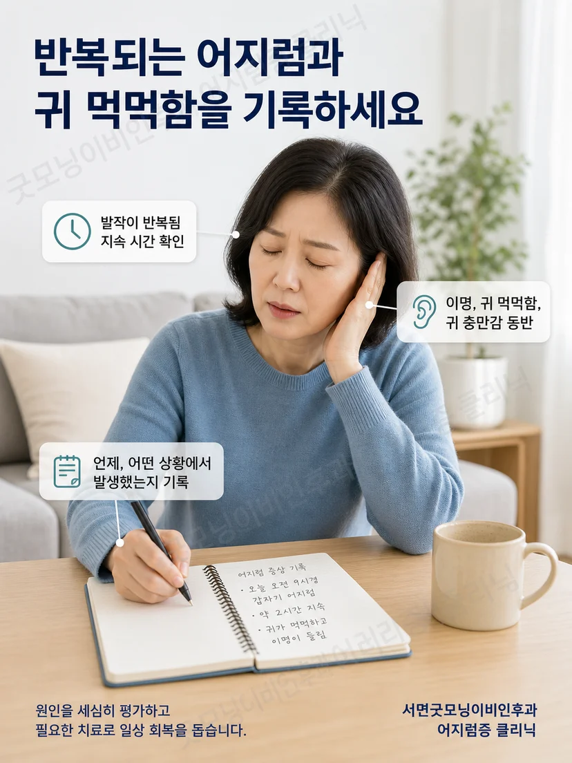 반복되는 어지럼과 귀 먹먹함의 발생 시점을 기록하는 환자 이미지