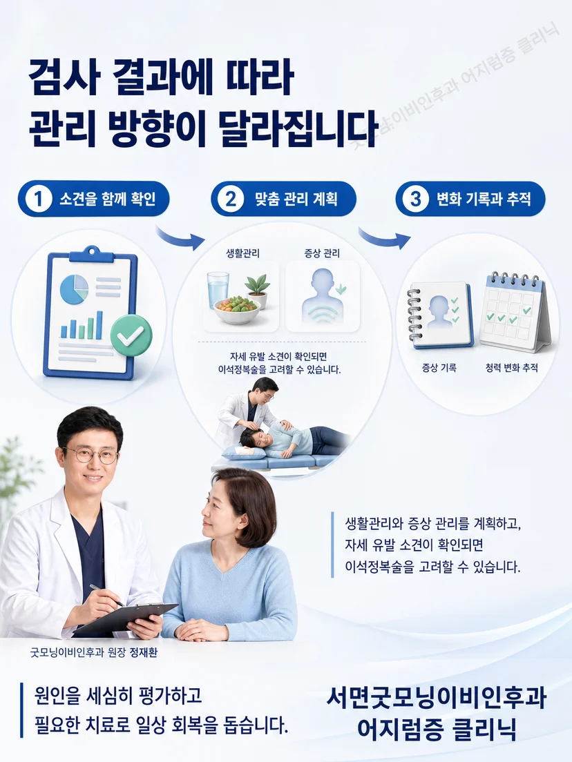 메니에르병 생활관리와 추적관찰 및 이석증 이석정복술의 서로 다른 관리 과정 이미지
