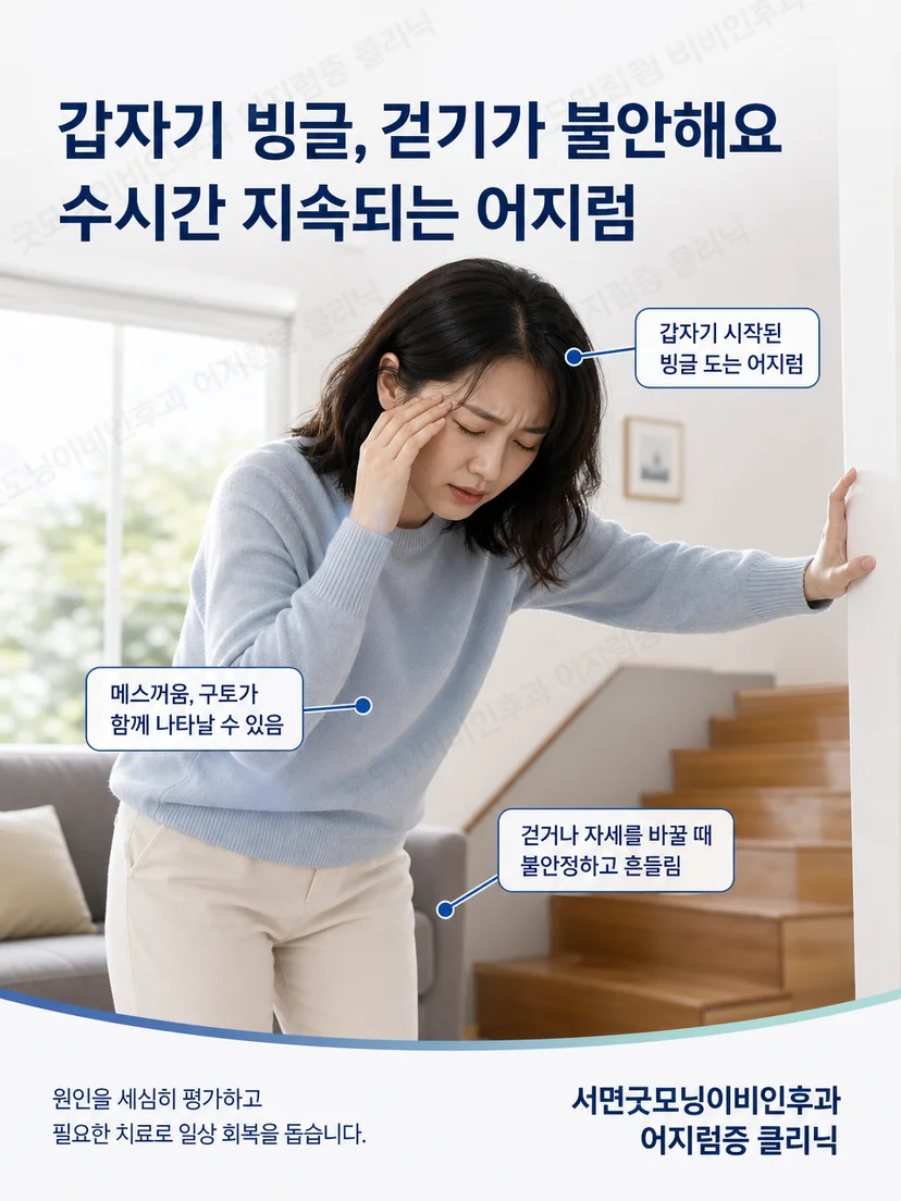 급성 전정신경염에서 회전감과 보행 불안을 겪는 환자 상황