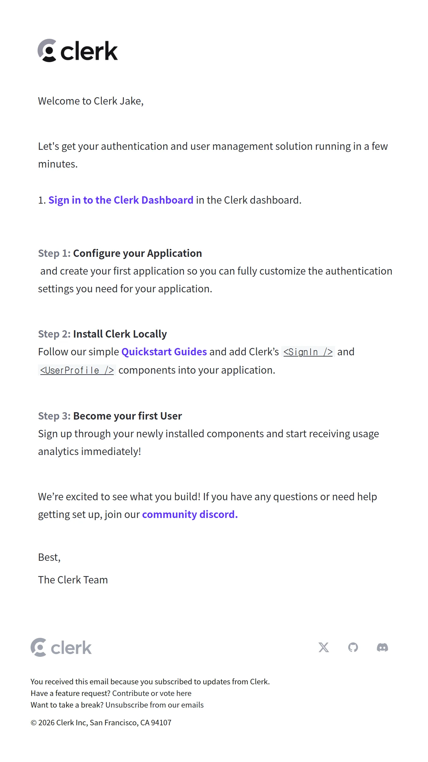 Clerk welcome email