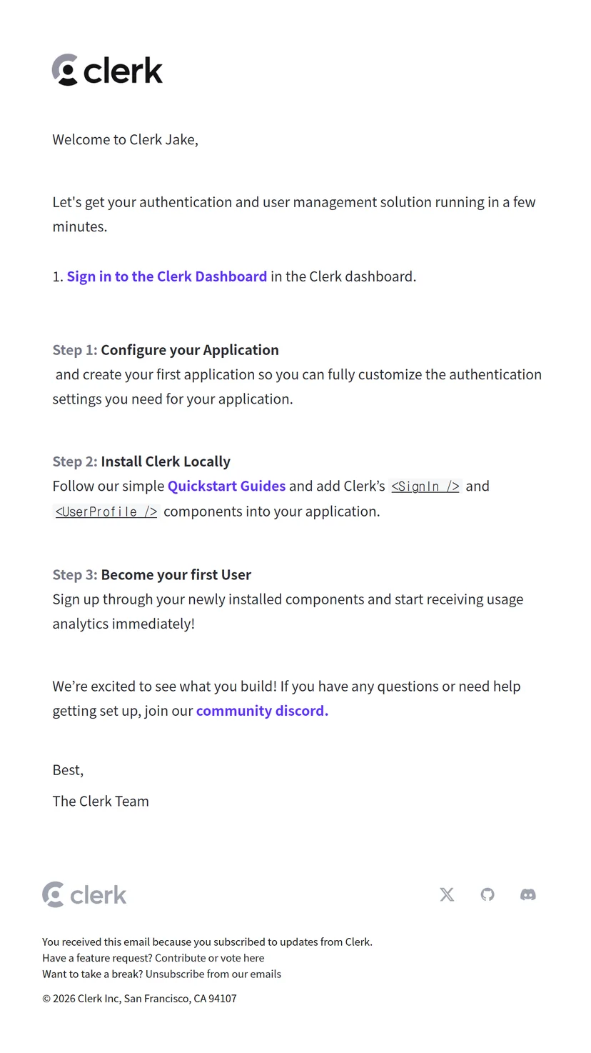 Clerk welcome email