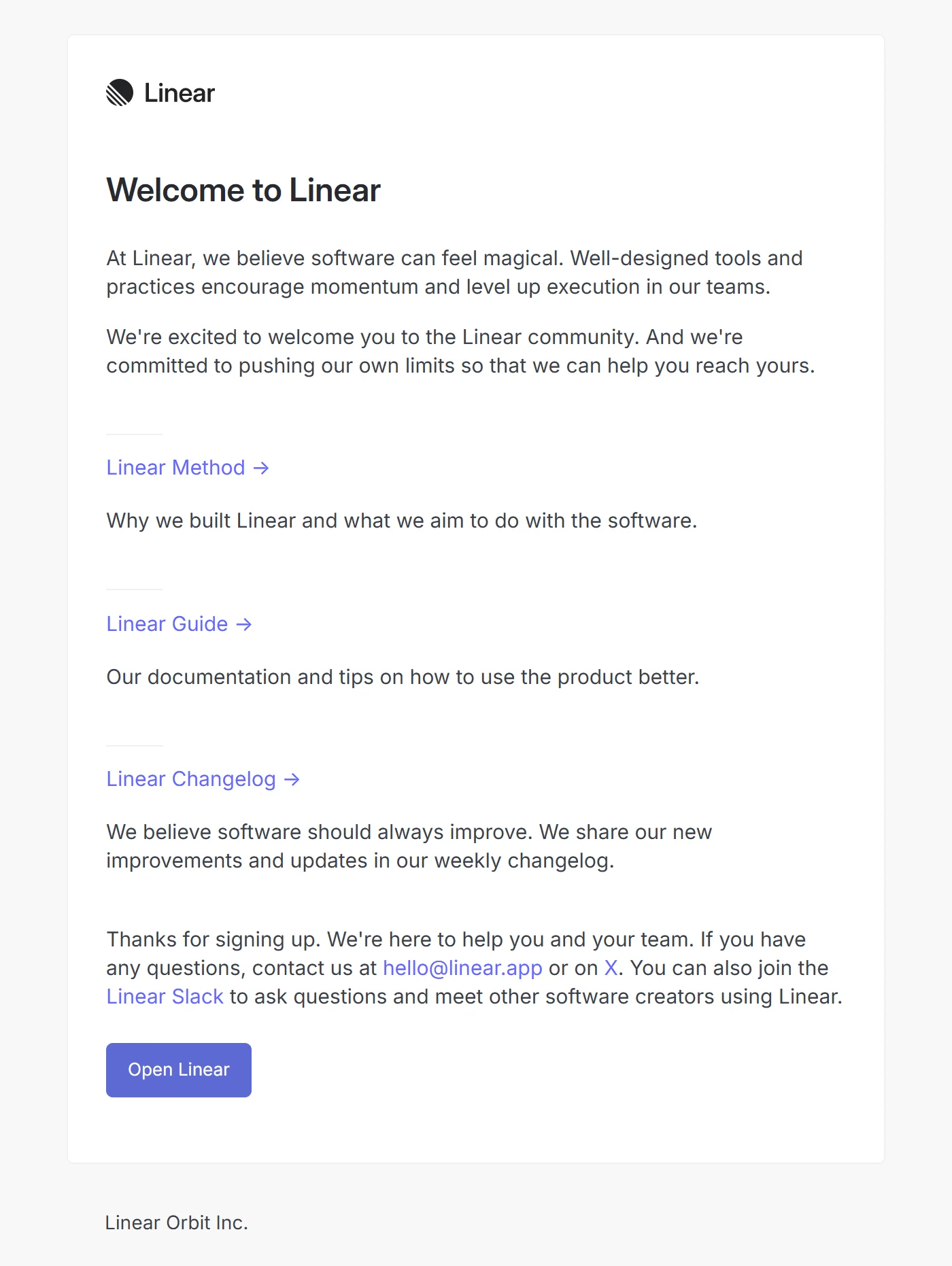 Linear welcome email