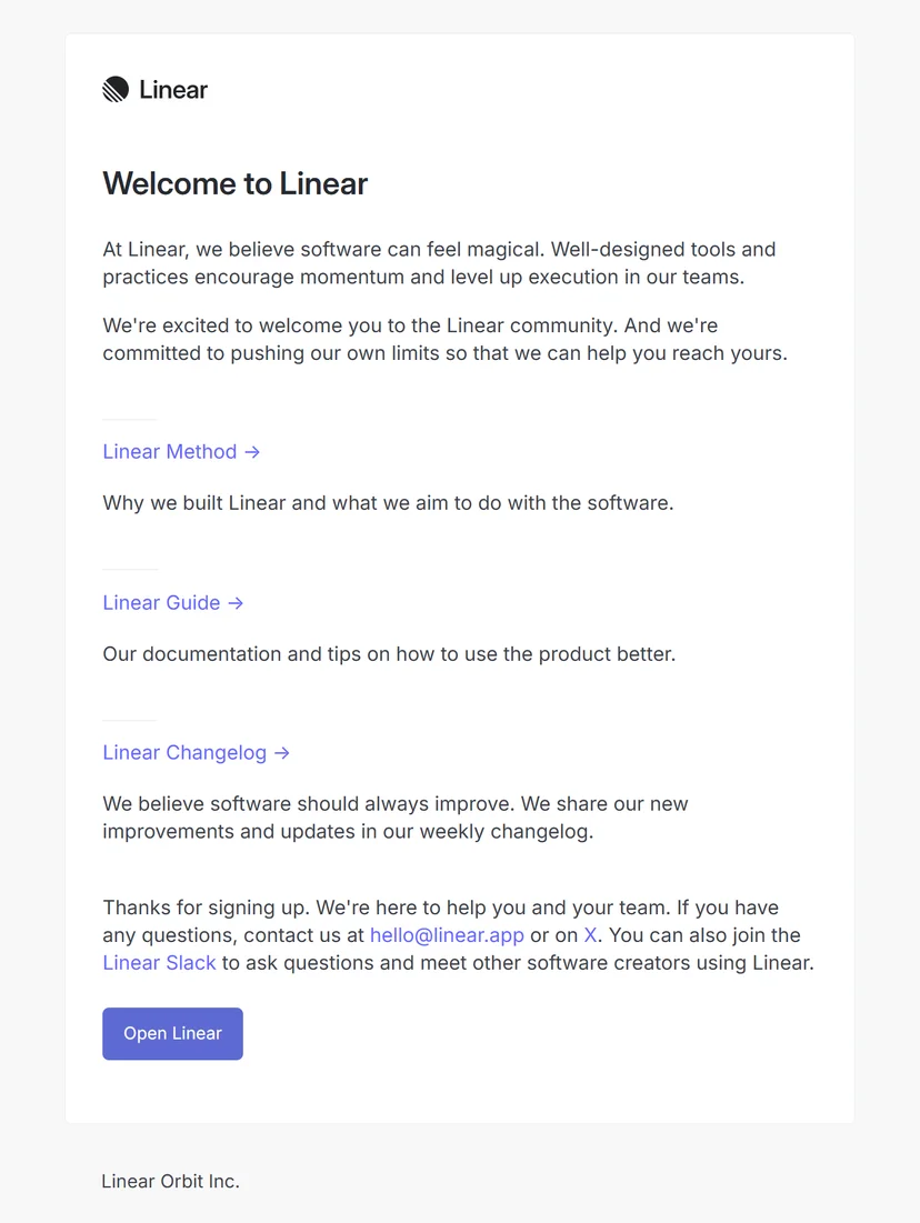 Linear welcome email