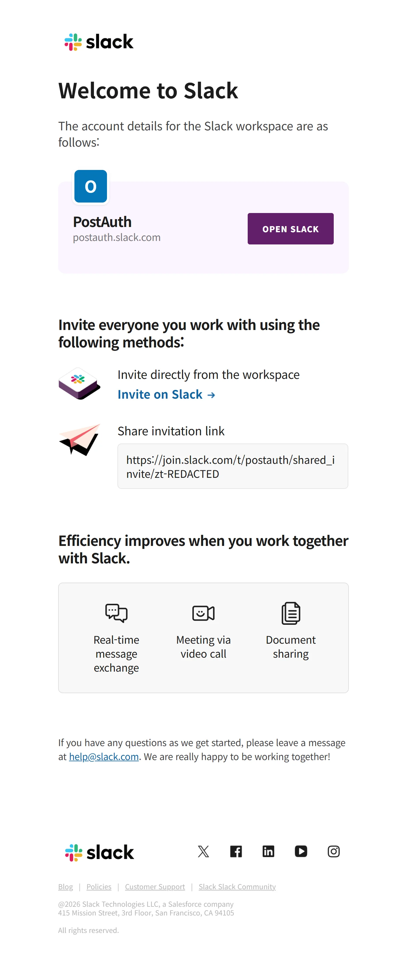 Slack welcome email