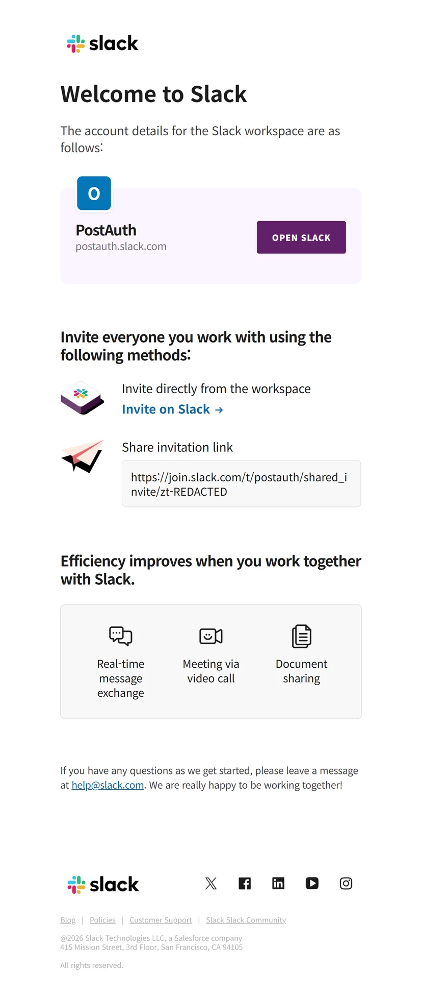 Slack welcome email