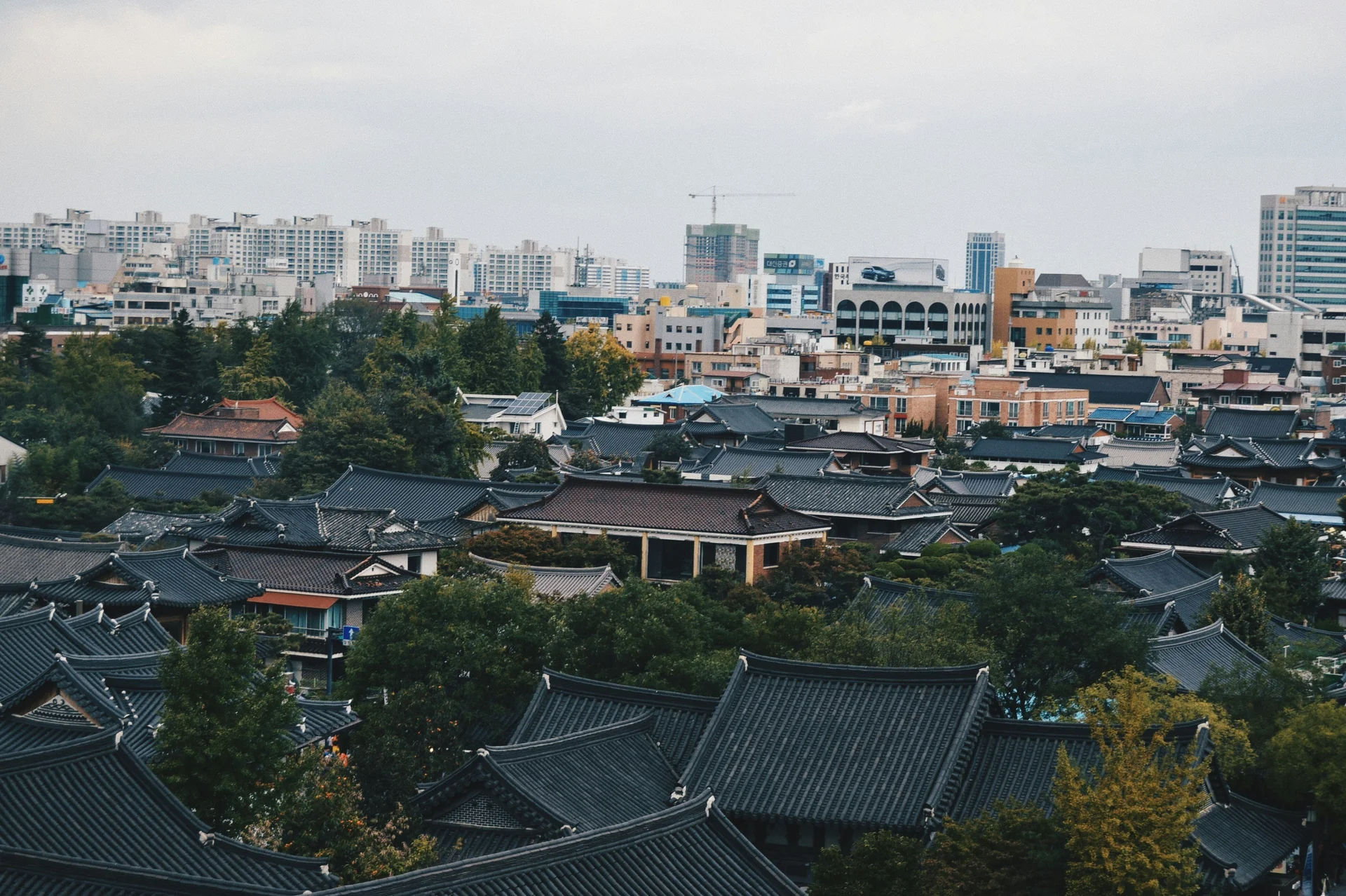 Aerial view of Jeonju Hanok Village with traditional Korean tile rooftops