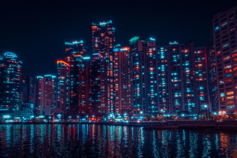 Busan city lights reflecting on the water at night near Gwangalli