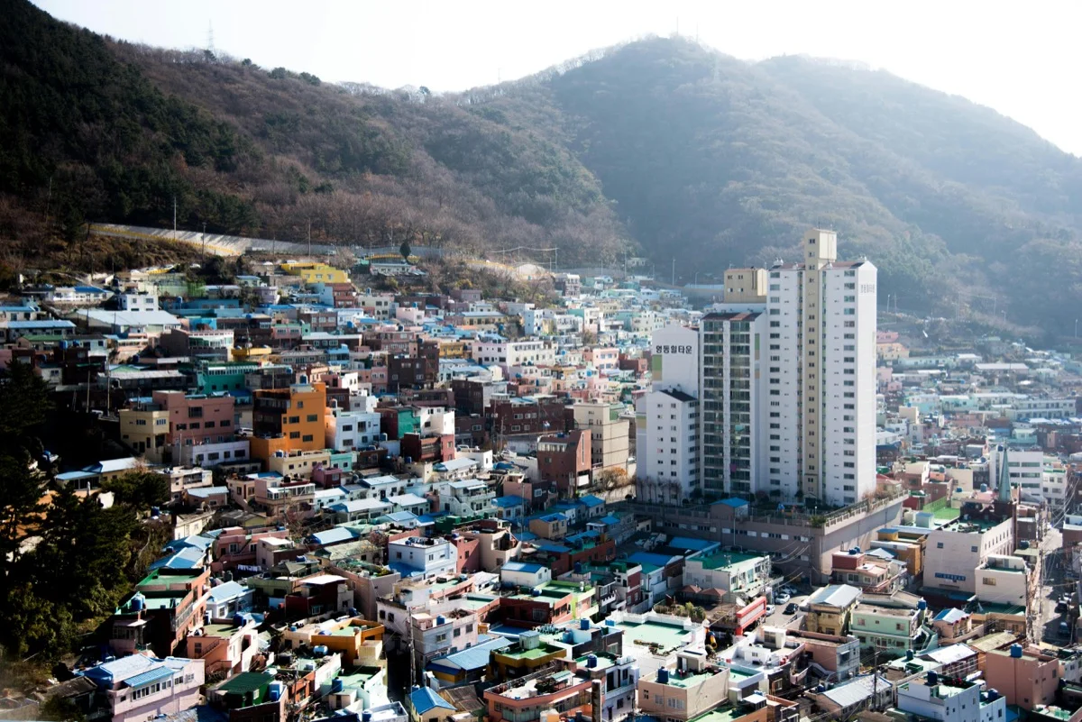 Panoramic view of the colorful rooftops at Gamcheon Culture Village from above